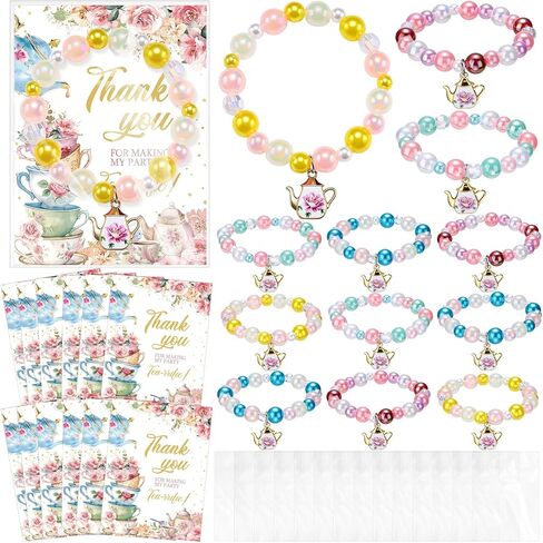 Misdary 6 Set Tea Party Favor Tea Bracelets for Girls Include Mini Flower Teapot Beaded Bracelet Thank You Cards Transparent Bags Gifts Teaparty Accessories for Kids Spring Birthday Decorations in Saudi Arabia