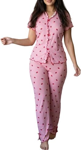 CHICME LOFT Pajamas for Women 2 Piece Cute Strawberry Print Lettuce Trim Short Sleeve Lounge Set Sleepwear Pjs Sets in Saudi Arabia