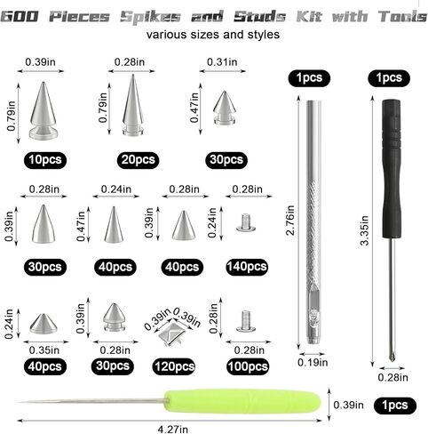 600 PCS Metal Studs and Spikes for Clothing, 8 Size Cone Spikes and Pyramid Studs,Screwback Studs Rivets Punk Accessories Kit for DIY Punk Style Clothes Bags Purse Collar Leather Craft in Saudi Arabia