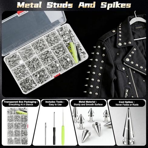 600 PCS Metal Studs and Spikes for Clothing, 8 Size Cone Spikes and Pyramid Studs,Screwback Studs Rivets Punk Accessories Kit for DIY Punk Style Clothes Bags Purse Collar Leather Craft in Saudi Arabia