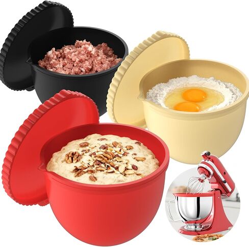 بطانات سيليكون 5QT متوافقة مع بطانة خلاطات حامل KitchenAid 5QT بديلة لمرفقات وإكسسوارات خلاط مساعد المطبخ، تخزين قابل للطي، بطانات 3 عبوات مع 3 أغطية in Kuwait
