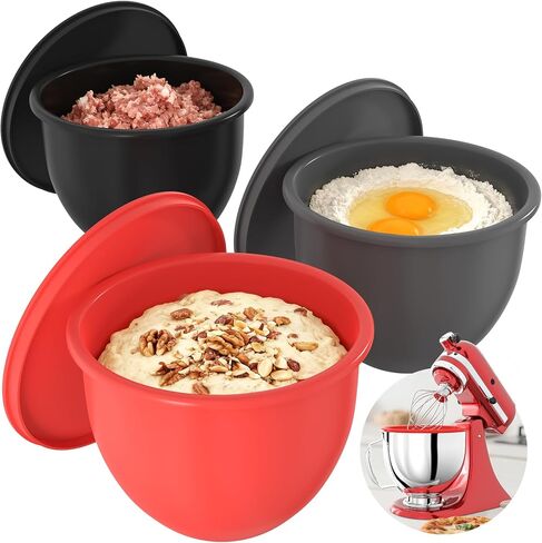 بطانات سيليكون 5QT متوافقة مع بطانة خلاطات حامل KitchenAid 5QT بديلة لمرفقات وإكسسوارات خلاط مساعد المطبخ، تخزين قابل للطي، بطانات 3 عبوات مع 3 أغطية in Kuwait