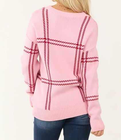 Women's Casual Long Sleeve Knit Sweater Trendy Tops Winter Fall Winter Crew Neck Pink Plaid Pattern in Saudi Arabia