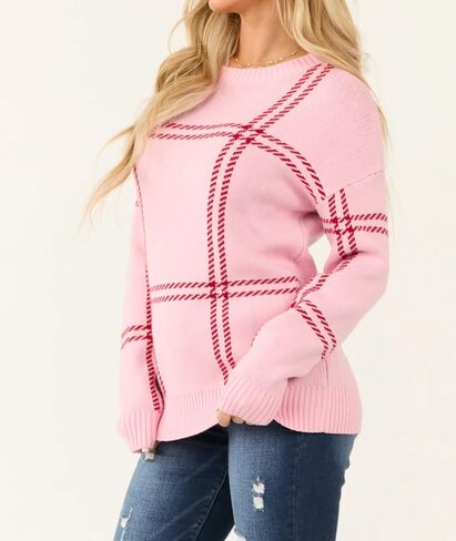 Women's Casual Long Sleeve Knit Sweater Trendy Tops Winter Fall Winter Crew Neck Pink Plaid Pattern in Saudi Arabia