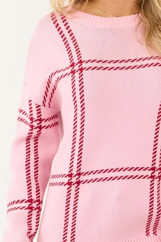 Women's Casual Long Sleeve Knit Sweater Trendy Tops Winter Fall Winter Crew Neck Pink Plaid Pattern in Saudi Arabia