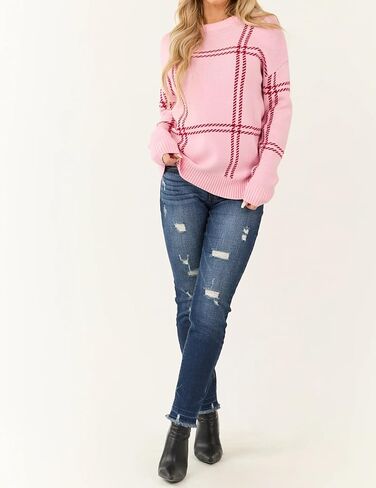 Women's Casual Long Sleeve Knit Sweater Trendy Tops Winter Fall Winter Crew Neck Pink Plaid Pattern in Saudi Arabia