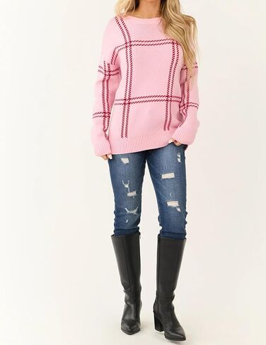 Women's Casual Long Sleeve Knit Sweater Trendy Tops Winter Fall Winter Crew Neck Pink Plaid Pattern in Saudi Arabia