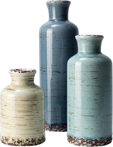Vintage Ceramic Flower Vase Set of 3, Rustic Farmhouse Vase for Home Decor, Distressed Decorative Vase for Table Entryway Mantel Centerpiece Living Room Bathroom Bedroom (Crackle Blue & White) in Saudi Arabia
