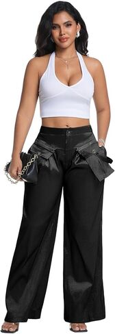 Wide Leg Cargo Pants for Women High Waist Shiny Trousers with Pockets in Saudi Arabia