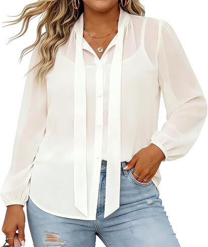Womens Plus Button Down Shirts Chiffon Long Sleeve Tops for Women Bow Tie Neck Blouse Elegant Business Casual Outfits in Saudi Arabia