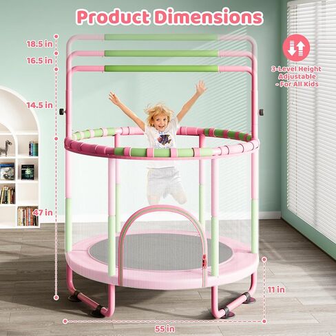 ترامبولين مقاس 55 بوصة للأطفال مع حاوية، ترامبولين للأطفال 6 في 1 للاستخدام الداخلي والخارجي، ترقية أنبوب كامل مضاد للصدأ مع قضبان جمباز قابلة للتعديل، هدية للأولاد والبنات in Kuwait