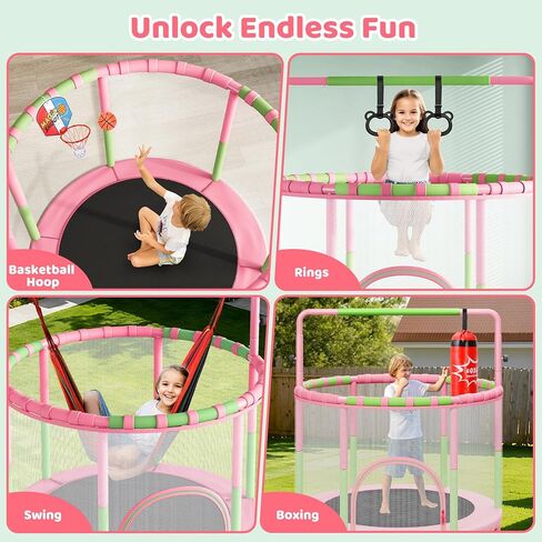 ترامبولين مقاس 55 بوصة للأطفال مع حاوية، ترامبولين للأطفال 6 في 1 للاستخدام الداخلي والخارجي، ترقية أنبوب كامل مضاد للصدأ مع قضبان جمباز قابلة للتعديل، هدية للأولاد والبنات in Kuwait