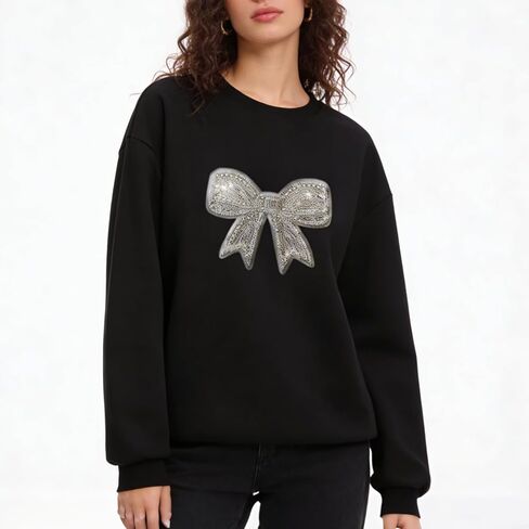 Womens Sweatshirts Sequin Knitted Bow Crewneck Long Sleeve Pullover Hoodies Fall Tops Cute Winter Clothes for Girls in Saudi Arabia