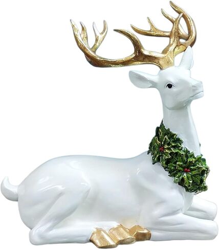 لحظات في الوقت المناسب 18.5 بوصة ارتفاع قرن الوعل الذهبي حيوان الرنة واقفًا مع إكليل - راتنج بوليريسين مطلي يدويًا in Kuwait