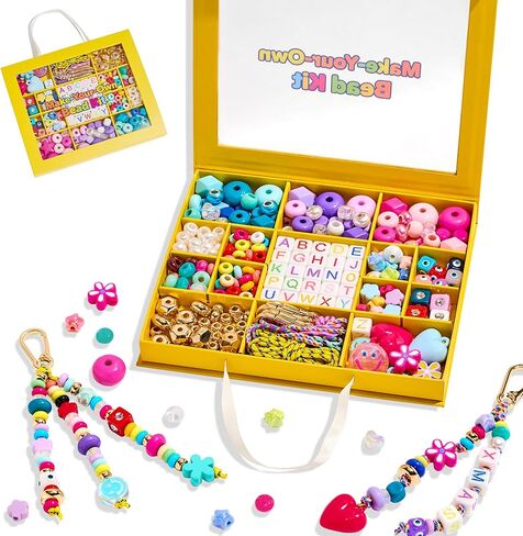 MYCUTEY DIY Keychain ＆ Phone Charm Making Kit with Letter Heart Flower Pony Beads, Craft Supplies for Women Teens Bead Craft Kit to Make Phone Charms Custom Keychains Bracelet & Bag Charm in Saudi Arabia