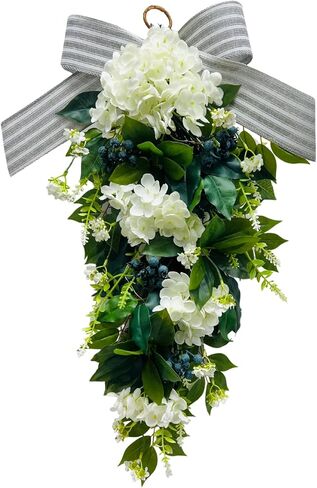 24 Inch Pre-lit Spring Summer Teardrop Swag with Peonies Roses Striped Bow, Colorful Farmhouse Floral Decor for Front Door, Battery Operated with Timer in Saudi Arabia