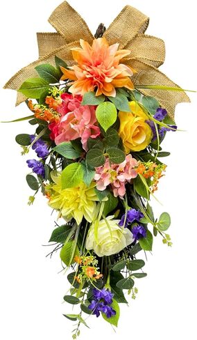24 Inch Pre-lit Spring Summer Teardrop Swag with Peonies Roses Striped Bow, Colorful Farmhouse Floral Decor for Front Door, Battery Operated with Timer in Saudi Arabia