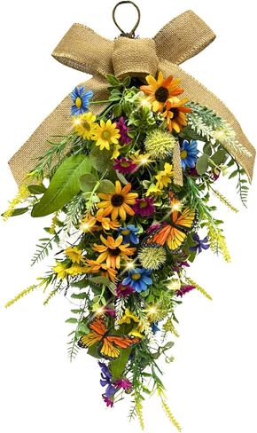 24 Inch Pre-lit Spring Summer Teardrop Swag with Peonies Roses Striped Bow, Colorful Farmhouse Floral Decor for Front Door, Battery Operated with Timer in Saudi Arabia