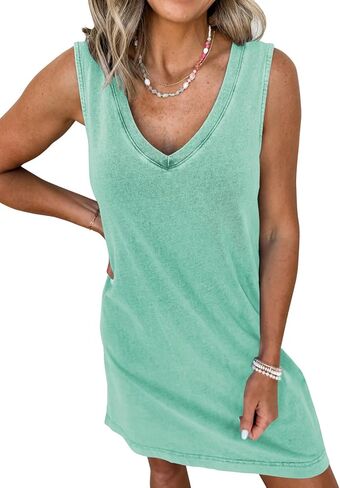Womens Summer Dresses Mineral Washed V Neck Sleeveless Tank Shift Dress Casual Sundresses in Saudi Arabia