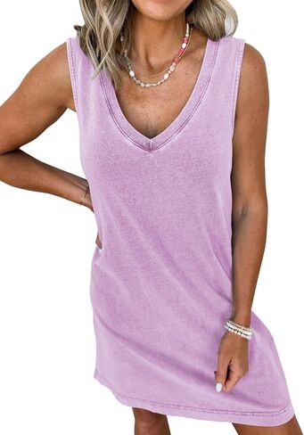 Womens Summer Dresses Mineral Washed V Neck Sleeveless Tank Shift Dress Casual Sundresses in Saudi Arabia
