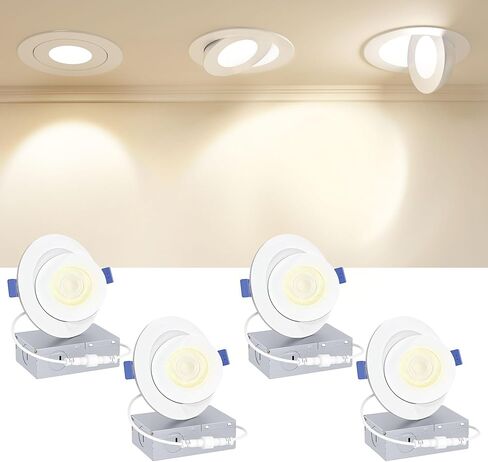 Ensenior 4 حزمة 6 بوصة Gimbal LED إضاءة غائرة، 90 درجة قابلة للدوران و5CCT قابلة للتحديد، أضواء مقلة العين قابلة للتعتيم، إضاءة سقفية قابلة للتعديل بزاوية بدون غطاء، 1200LM، 12W = 115W-FCC in Kuwait