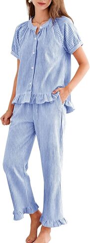 COZYPOIN Womens Striped Pajama Sets 2 Piece Cotton Button Down Short Sleeve Shirt Y2K Ruffle Pants Pockets Pjs Lounge Set in Saudi Arabia
