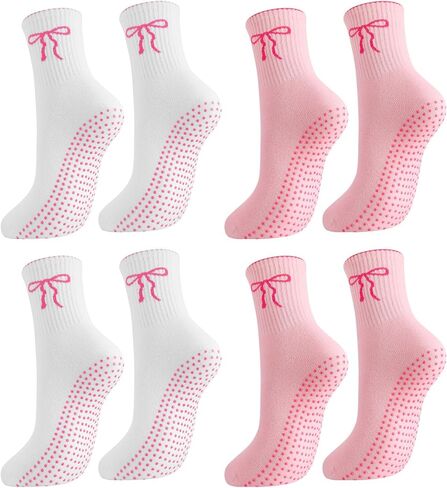 6 Pairs Pilates Socks with Grips for Women Crew Ruffle Non Slip Yoga Cotton Socks with Cherry Bow Heart Embroidery Pattern for Barre Workout Hospital in Saudi Arabia