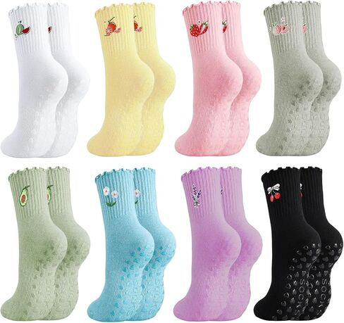 6 Pairs Pilates Socks with Grips for Women Crew Ruffle Non Slip Yoga Cotton Socks with Cherry Bow Heart Embroidery Pattern for Barre Workout Hospital in Saudi Arabia