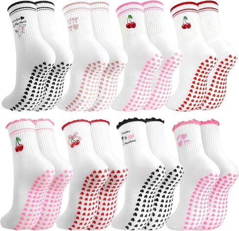 6 Pairs Pilates Socks with Grips for Women Crew Ruffle Non Slip Yoga Cotton Socks with Cherry Bow Heart Embroidery Pattern for Barre Workout Hospital in Saudi Arabia