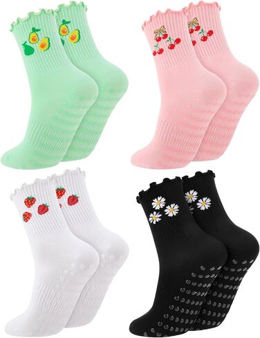 6 Pairs Pilates Socks with Grips for Women Crew Ruffle Non Slip Yoga Cotton Socks with Cherry Bow Heart Embroidery Pattern for Barre Workout Hospital in Saudi Arabia