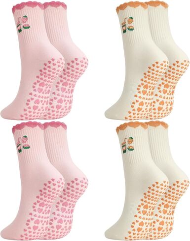 6 Pairs Pilates Socks with Grips for Women Crew Ruffle Non Slip Yoga Cotton Socks with Cherry Bow Heart Embroidery Pattern for Barre Workout Hospital in Saudi Arabia