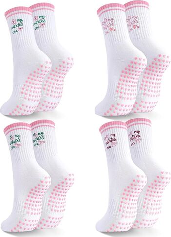 6 Pairs Pilates Socks with Grips for Women Crew Ruffle Non Slip Yoga Cotton Socks with Cherry Bow Heart Embroidery Pattern for Barre Workout Hospital in Saudi Arabia
