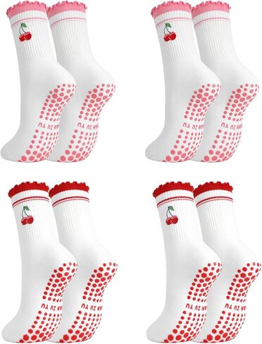 6 Pairs Pilates Socks with Grips for Women Crew Ruffle Non Slip Yoga Cotton Socks with Cherry Bow Heart Embroidery Pattern for Barre Workout Hospital in Saudi Arabia