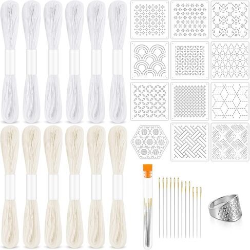 37 Pcs Sashiko Thread Kit Sashiko Needles Cotton Thimble Sashiko Patterns Embroidery Projects for Sewing Hand Quilting Mending Supplies in Saudi Arabia