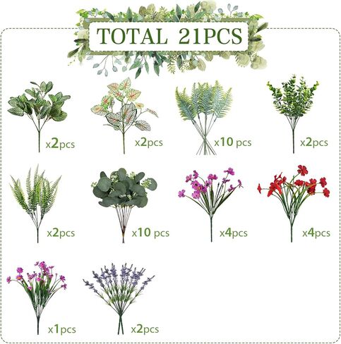 24Pcs Artificial Plants for Outdoor Faux Greenery & Flowers with Plastic Leave UV Resistant Fake Stems for Indoor Outside Garden Porch Window Box Home Décor in Saudi Arabia