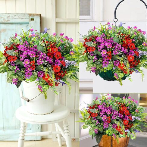 24Pcs Artificial Plants for Outdoor Faux Greenery & Flowers with Plastic Leave UV Resistant Fake Stems for Indoor Outside Garden Porch Window Box Home Décor in Saudi Arabia
