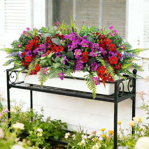 24Pcs Artificial Plants for Outdoor Faux Greenery & Flowers with Plastic Leave UV Resistant Fake Stems for Indoor Outside Garden Porch Window Box Home Décor in Saudi Arabia