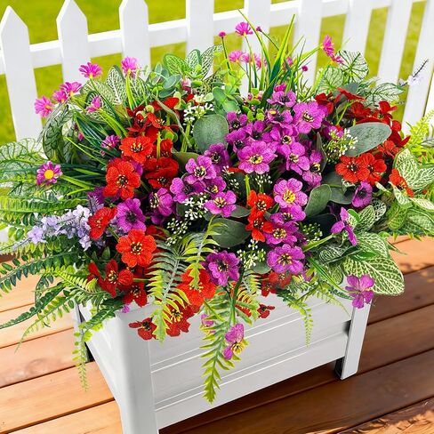 24Pcs Artificial Plants for Outdoor Faux Greenery & Flowers with Plastic Leave UV Resistant Fake Stems for Indoor Outside Garden Porch Window Box Home Décor in Saudi Arabia