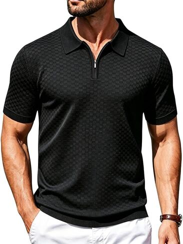 Men's Knit Polo Shirts Short Sleeve Quarter Zip Polo T Shirts Fashion Casual Golf Shirts in Saudi Arabia