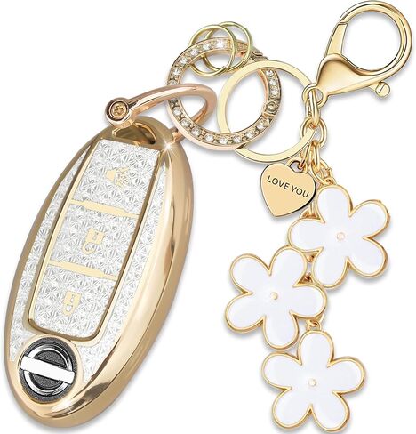 Pink TPU Key Fob Cover with Sakura Flower Keychain Compatible with Nissan Rogue Armada Murano Pathfinder Versa Juke Leaf Quest Cube Sentra Infiniti EX35 FX50 QX50 3-Button Smart Key for Women in Saudi Arabia