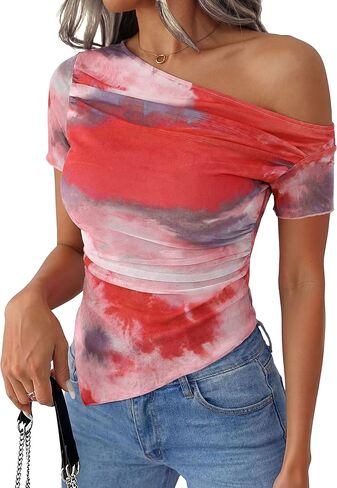 PRETTYGARDEN Womens Summer Off The Shoulder Tops 2026 Spring Short Sleeve Mesh Tie Dye Shirt Ruched Asymmetrical Y2k Clothes in Saudi Arabia