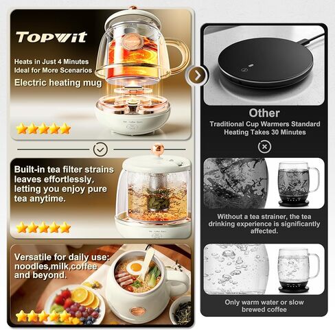 كوب TOPWIT ذاتي التسخين، 14oz تسخين سريع يصل إلى 212 درجة فهرنهايت، كوب قهوة للتحكم في درجة الحرارة للمشروبات الدافئة، كوب قهوة للتدفئة، غلاية سفر كهربائية، هدية للعائلة/الأصدقاء/الشيوخ، 110 فولت in Kuwait