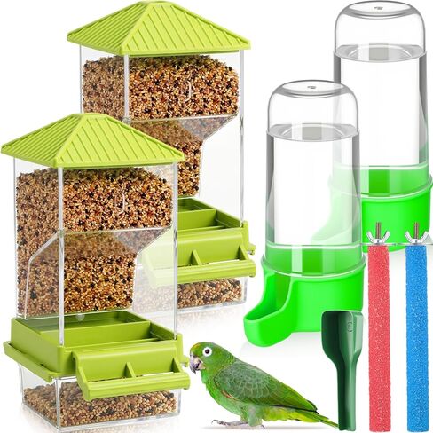 Novabright 7 Pcs No Mess Bird Feeder Water Dispenser Set Include Automatic Parakeet Feeder and Drinker with Bird Paw Grinding Stick Cage Accessories for Small Medium Cockatiel Lovebird(Classic,Clear) in Kuwait