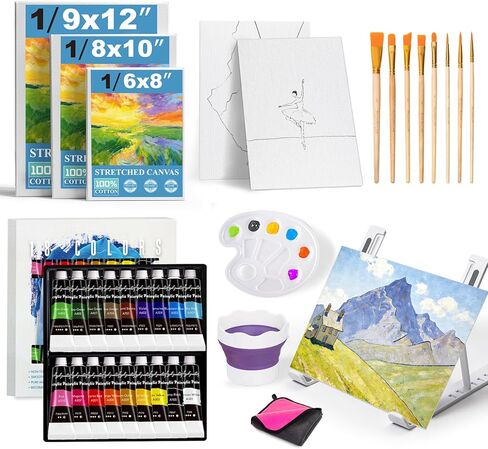 Acrylic Paint Set with 18 Acrylic Paints, 8 Brushes, Tabletop Easel,Stretched Canvas & Panels, Art Supplies Painting Kit for Kids, Beginner & Adults. in Saudi Arabia