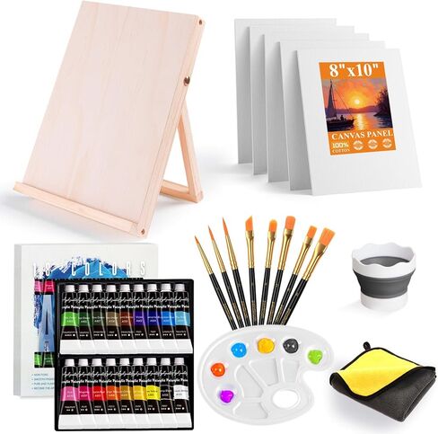Acrylic Paint Set with 18 Acrylic Paints, 8 Brushes, Tabletop Easel,Stretched Canvas & Panels, Art Supplies Painting Kit for Kids, Beginner & Adults. in Saudi Arabia