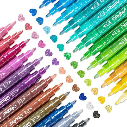 Ohuhu Acrylic Glitter Markers, 24 Metallic Glitter Colors, Fine Tip Paint Pens for Fine Details & Shimmer Accents, Water-Based & Quick Dry, for DIY Crafts, Cards, Journals, Wood & Rock Painting in Saudi Arabia