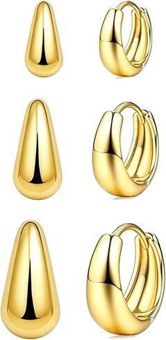 Gold Teardrop Hoop Earrings Set for Multiple Piercings Stacking, 18K Gold Plated Chunky Huggies 3 Pairs Pack, Hypoallergenic Lightweight Jewelry Gift for Women Sensitive Ears in Saudi Arabia