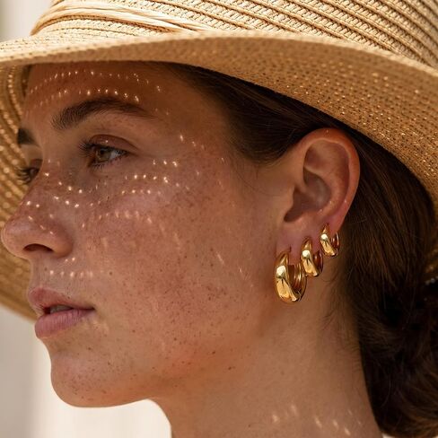 Gold Teardrop Hoop Earrings Set for Multiple Piercings Stacking, 18K Gold Plated Chunky Huggies 3 Pairs Pack, Hypoallergenic Lightweight Jewelry Gift for Women Sensitive Ears in Saudi Arabia