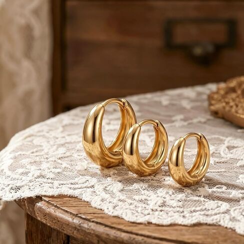 Gold Teardrop Hoop Earrings Set for Multiple Piercings Stacking, 18K Gold Plated Chunky Huggies 3 Pairs Pack, Hypoallergenic Lightweight Jewelry Gift for Women Sensitive Ears in Saudi Arabia