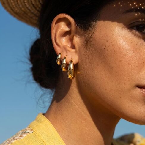 Gold Teardrop Hoop Earrings Set for Multiple Piercings Stacking, 18K Gold Plated Chunky Huggies 3 Pairs Pack, Hypoallergenic Lightweight Jewelry Gift for Women Sensitive Ears in Saudi Arabia